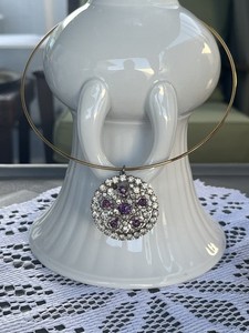 14 inch Gold Tone Choker Round CORO GOLD PENDANT Purple Clear Accents