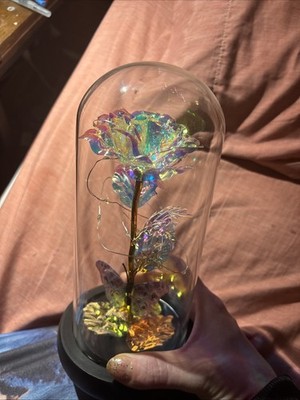 Eternal Blue Rose Flower in Glass Dome LED Light. New No Box. 8''