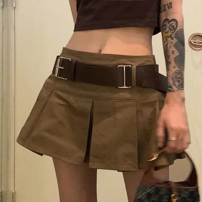 Brown Belted Mini Skirt Low Waisted Pleated Skirt with Belt Women