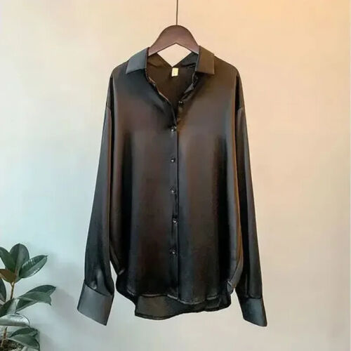 Ladies Casual Satin Silk Solid Shirt Baggy Button-up OL Work Blouse Womens Tops - Picture 10 of 10