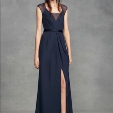White by Vera Wang Illusion Cap Sleeve Crepe Bridesmaids Dress in Midnight, Sz 2