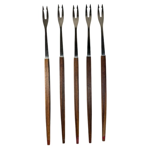 Vintage Japan MCM fondue forks set 5 stainless steel long teak wood handle 12” - Picture 6 of 7