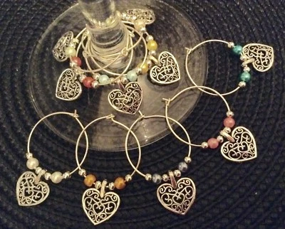 10 Filigree Heart Wine Glass Charms Markers WINE GIFT Birthday SILVERtone Favour