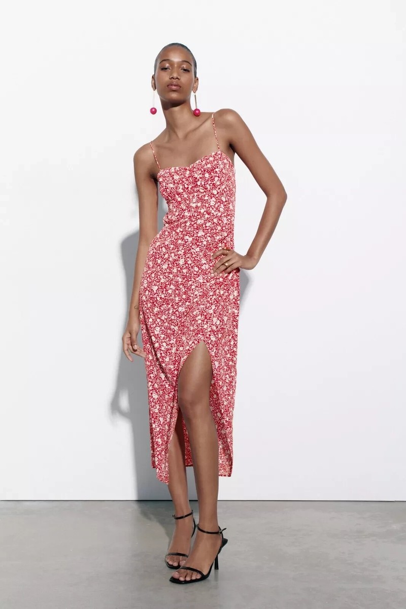 Zara Imprimé Corsetry-Inspired Robe Midi Rouge Blanc Rose Floral - Main Image