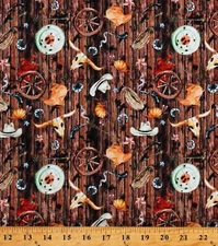 Cotton Western Cowboys Hats Boots Spurs Guns Brown Fabric Print by Yard D466.58