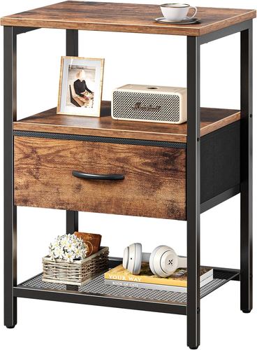 Mesita de Noche con Cajón de Tela, Mesa Auxiliar con Estante de Malla, Mesita de Noche Dormitorio, - Imagen 10 de 12