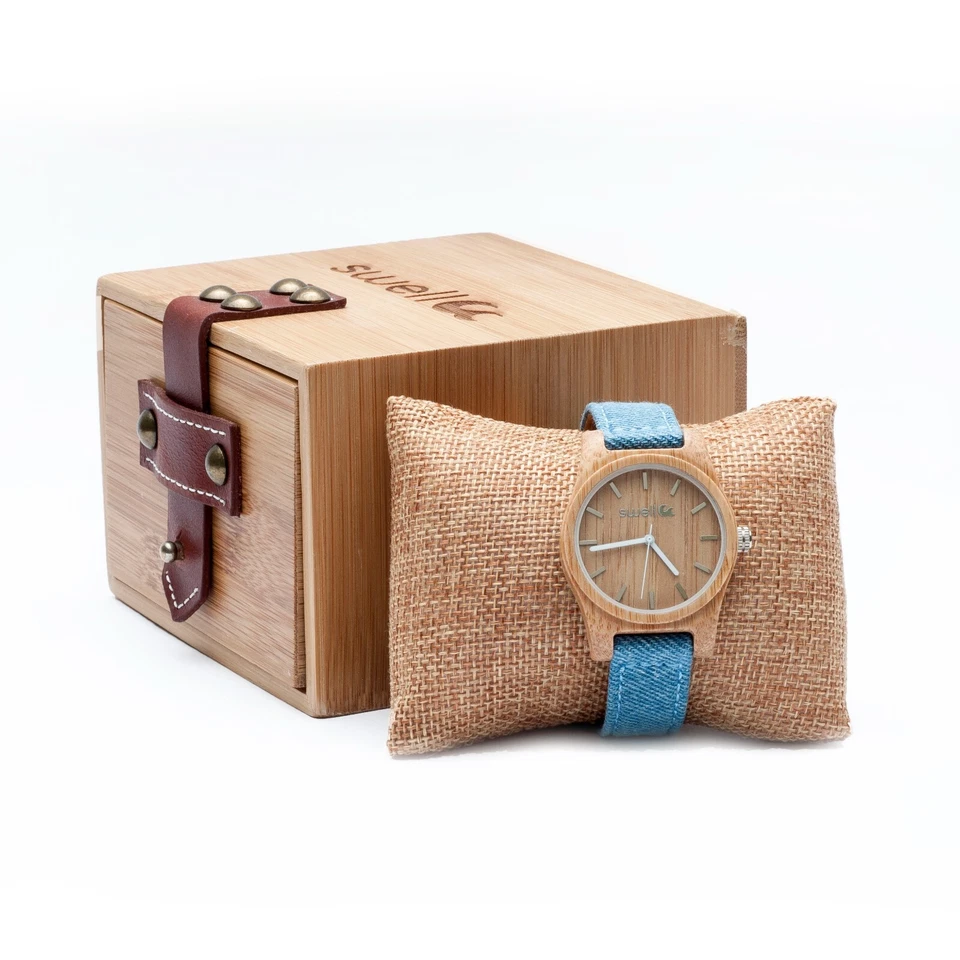 Часы Swell Vision - ниагарские бамбуковые с джинсовым холщовым ремешком на запястье - женские - Изображение 3 из 4