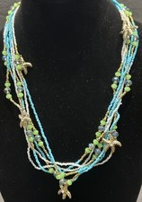 Starfish 27  Necklace Seed Bead Multi Strand Sparkly Rhinestone Gold Tone Blue