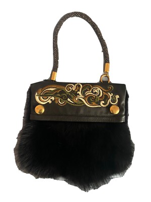 ETRO Milano Black Leather Purse with Fur Trim Rare Made in Italy