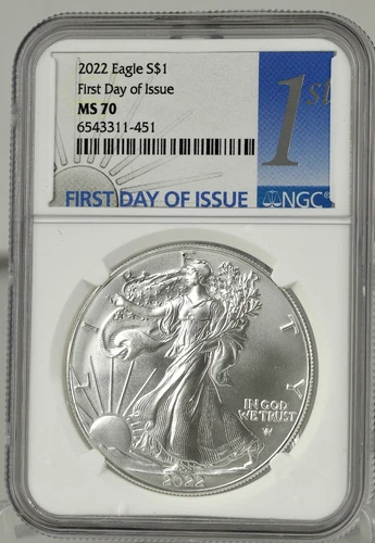 2022  $1 Silver American Eagle First Day of Issue 1st Blue Label NGC MS70