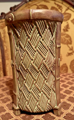 Art Pottery Ceramic Terracotta Woven Bamboo Design Footed Vase 9'' Signed