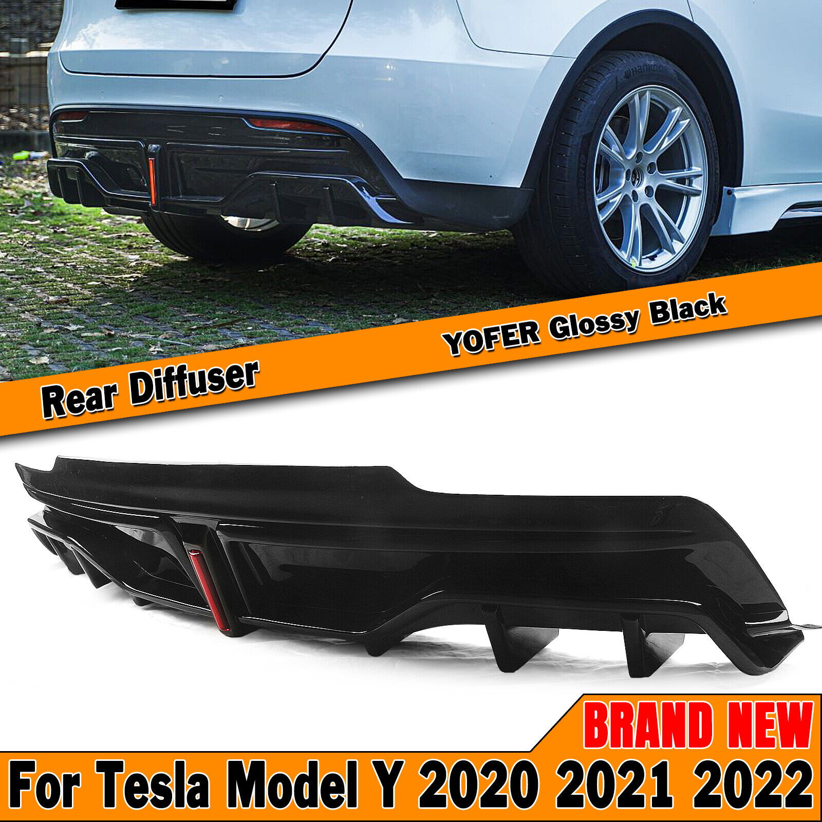 For Tesla Model Y 2020-2022 Glossy Black Rear Bumper Diffuser Lip w/ Light  1PC