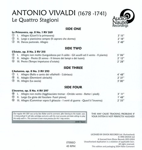 AUDIO NAUTES AN-2406 VIVALDI LE QUATTRO STAGIONI CARMIGNOLA ONE STEP DIVOX - Bild 8 von 13