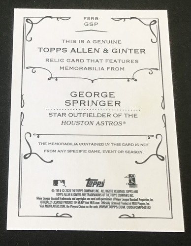 2020 Topps Allen & Ginter Baseball Memorabilia Card George Springer NM-MT - Picture 2 of 2