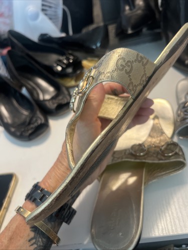 Gucci Sandal 10 Thong Slide Gold Horsebit Metallic All Over GG Guccicima Leather - Picture 14 of 24