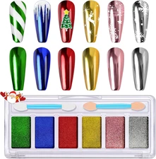 Christmas Red Green Chrome Nail Powder, DRMODE 6 Colors Gold Silver Mirror Metal