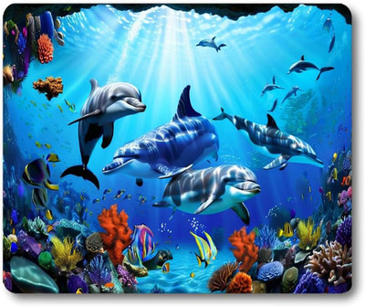 Cute Dolphins Mouse Pad, Gorgeous and Colorful Marine Organism Underwater Landsc