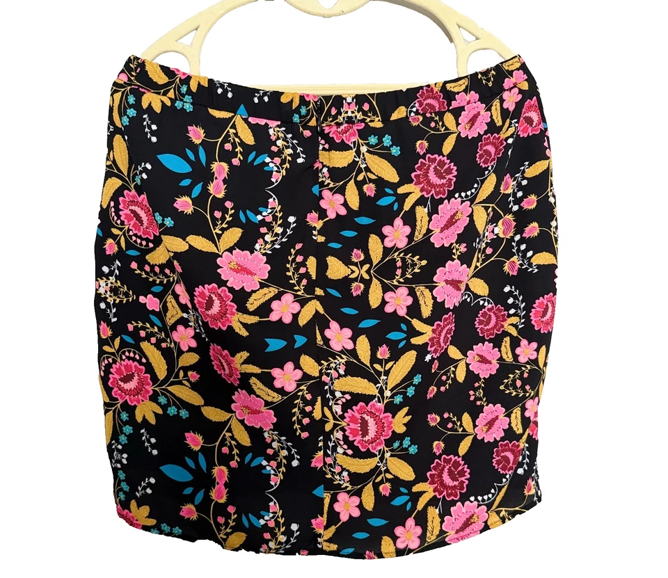 Falda EXPRESS Mediana Imitación Envoltura Mini Negra Rosa Brillante Floral Forrada Cremallera Foto 4 de 4