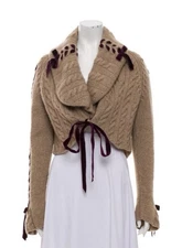 Iconic Oscar De La Renta Cardigan SM/Med Tan Cashmere With Red  Velvet Ribbons