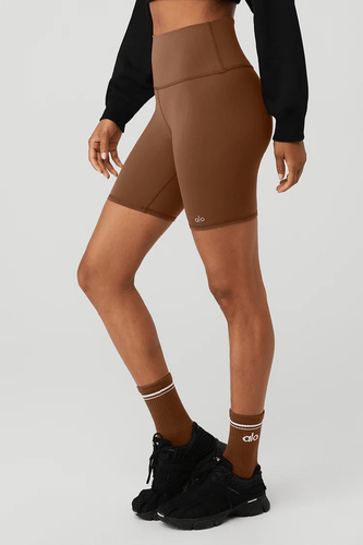 NWT Alo Yoga High Rise Cinnamon Brown Matte Compressive Biker Shorts SZ Small - Picture 2 of 2