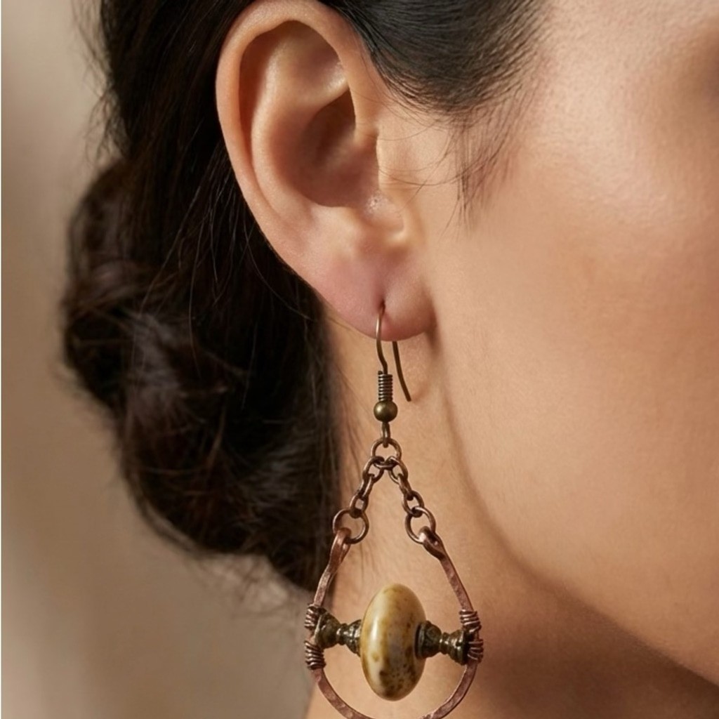 Handcrafted Copper & Stone Dangle Earrings – Boho… - image 2