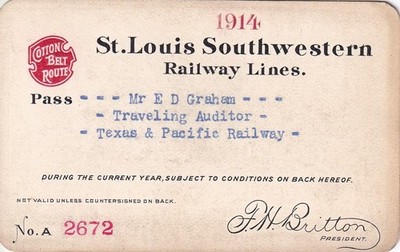 1914 Baumwollgürtel - SLSW St. Louis Southwestern Railway Pass - Texas & Pacific