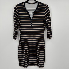 J. McLaughlin Striped 3/4 Sleeve Henley Dress Black Tan Size S