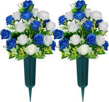 Artificial Cemetery Flowers with Vase, Headstone Flowers Rose Bouquet, Graveyard