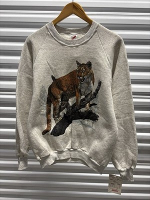 Vintage Mountain Lion Cougar Puma Animal Print Sz L Crewneck DS NWT Jerzees