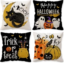 Halloween Pillow Covers 18X18 Set of 4 Spooky Pumpkin Black Cats Halloween Throw
