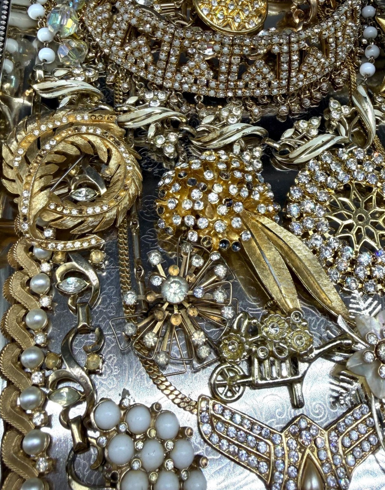 VINTAGE Gold Tone Broken Clear Rhinestone Costume Jewelry Lot Repair Brooch