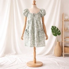 Lucky Brand Sage Green Floral Hemp Cotton Babydoll Mini Dress Puff Sleeve Small