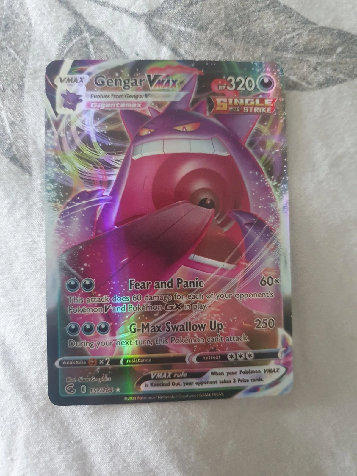 Pokemon Gengar VMAX Card 157/264 Fusion Strike Holo
