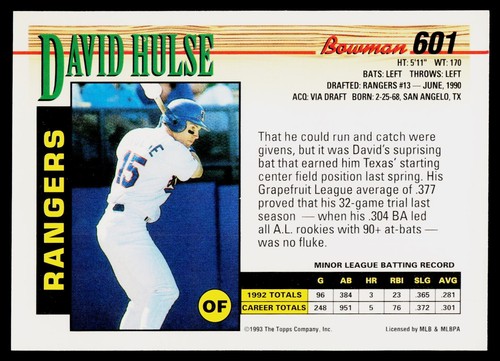 1993 Bowman #601 David Hulse - VG - Picture 2 of 2