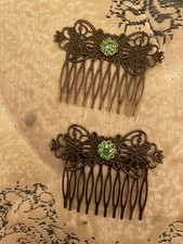  2 Emerald crystal flower Vintage Bronze Victorian Filigree Small Hair Combs