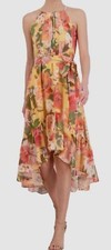 Vince Camuto Women's Orange Floral-Print Halter Midi Dress Size 16