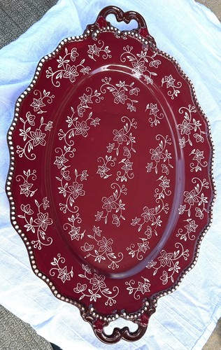 Temp-tations Presentable Ovenware Floral Lace Red Pattern Retired 18 X 12 EUC