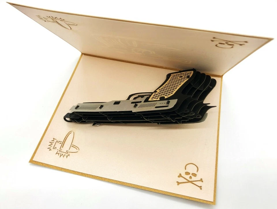 Tarjeta de felicitación emergente 3D pistola pistola pistola para cumpleaños, fiesta, deportes, regalo Foto 3 de 4