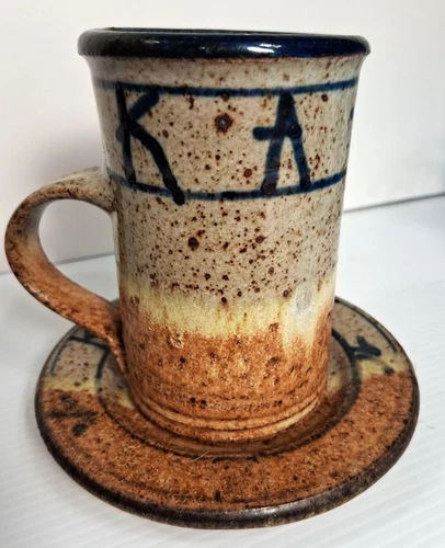 Studio Pottery Stoneware Hand Thrown Mug & Saucer Signed 3 Tone Drip Glaze