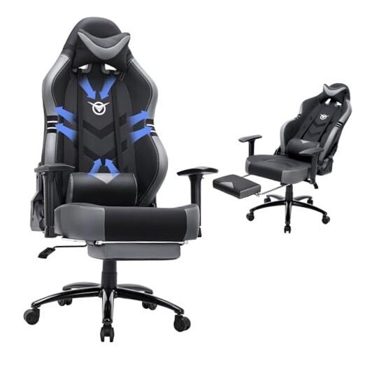 Silla Gaming Grande y Alta con Reposapiés 350lbs-Carrera Computadora Gamer Gris