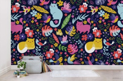 3D Cat Bird Leaves Colorful Self-adhesive Removeable Wallpaper Wall Mural
