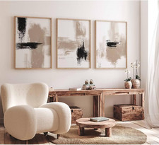 Beige Abstract Wall Art Painting Set of 3 Neutral Canvas Wall Art Prints Black B