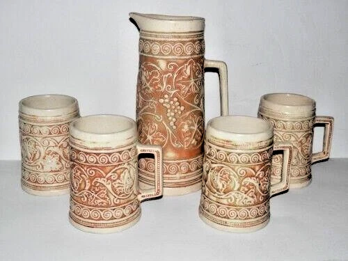 WELLER POTTERY CLINTON IVORY PITCHER & 4 MUGS NO DAMAGE EXCELLENT CONDITION BIN!