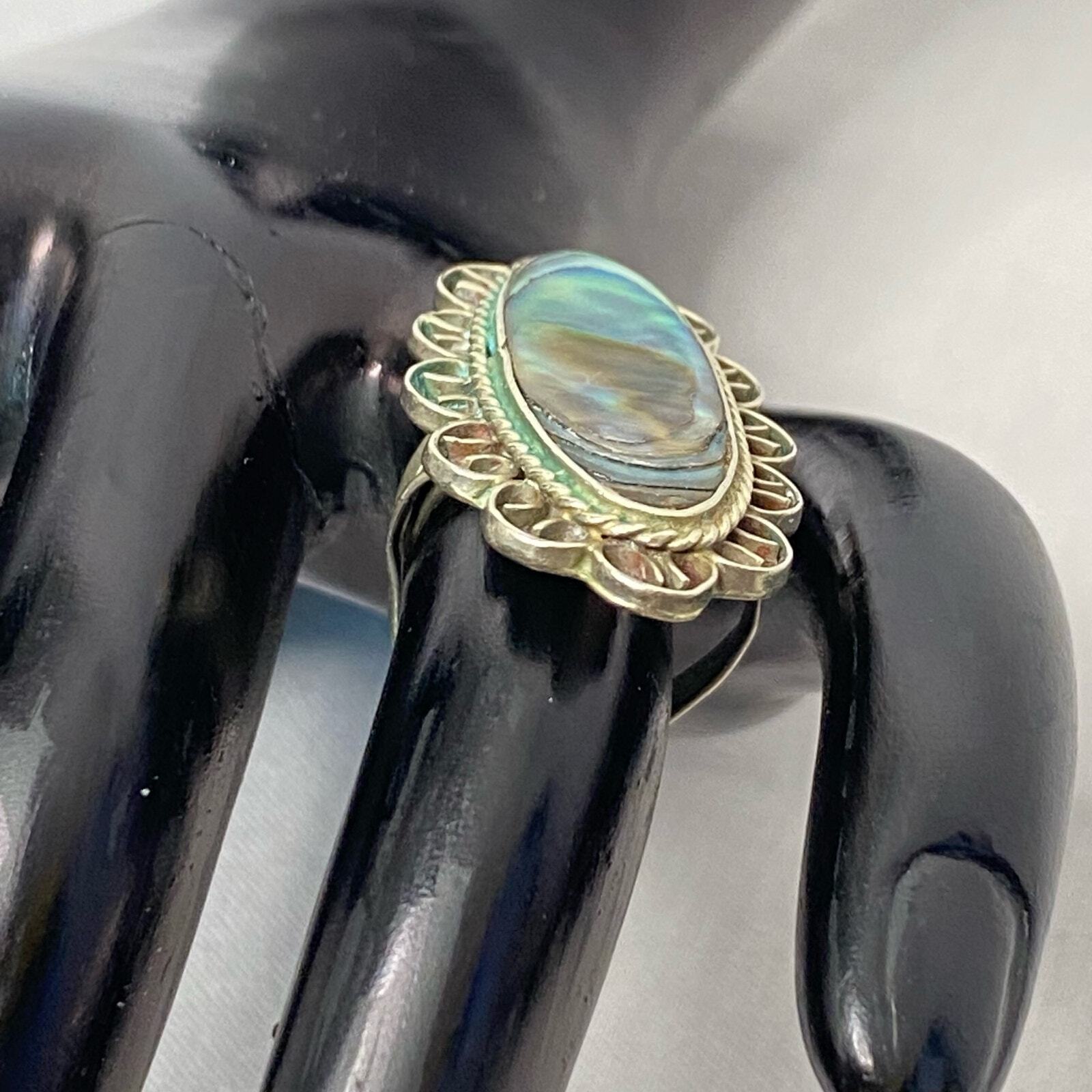 Mexico Silver Ring Long Oval Abalone Shell Stone … - image 2