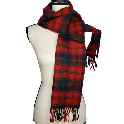 James Pringle Scarf Red Green Plaid Lambswool Scotland Fringe 11 x 58 Muffler