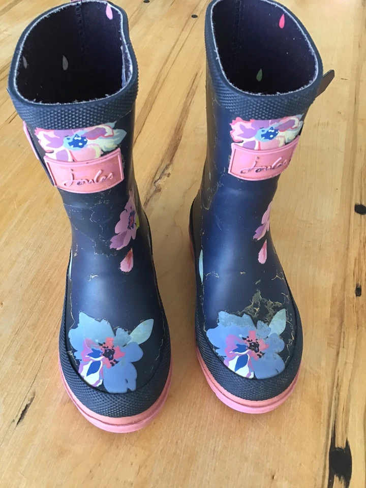 Joules Welly Size US 8 Rain Garden Boots Girls Kids Floral Pink Navy Blue - Image 2 of 4