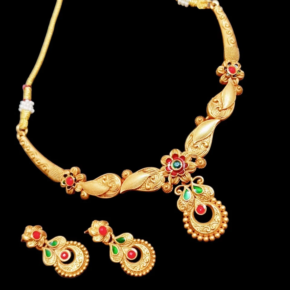 Neu 22K Matt Vergoldet Halskette Ohrringe Indisch Bollywood Braut Schmuck Set