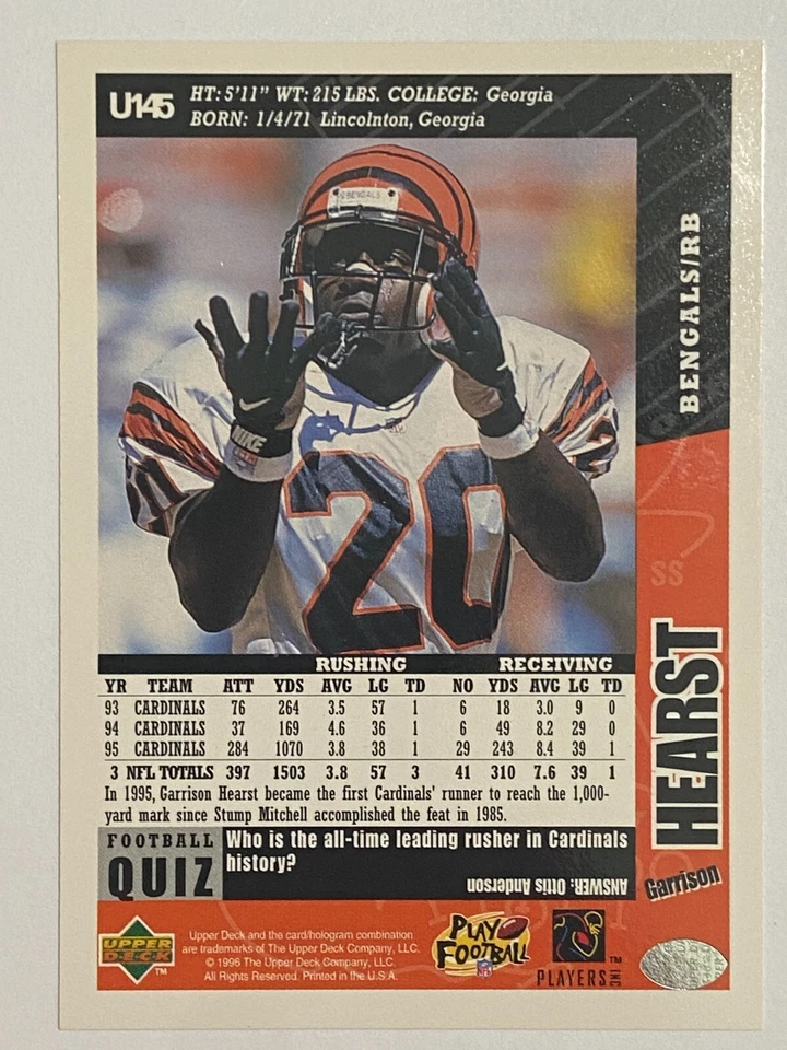 1996 Upper Deck CC #U145 Garrison Hearst Cincinnati Bengals - Image 2 of 2