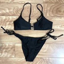 Shein Black Two Piece Bikini Bathing Suit Sz S Swimwear Gold Drawstring Solid