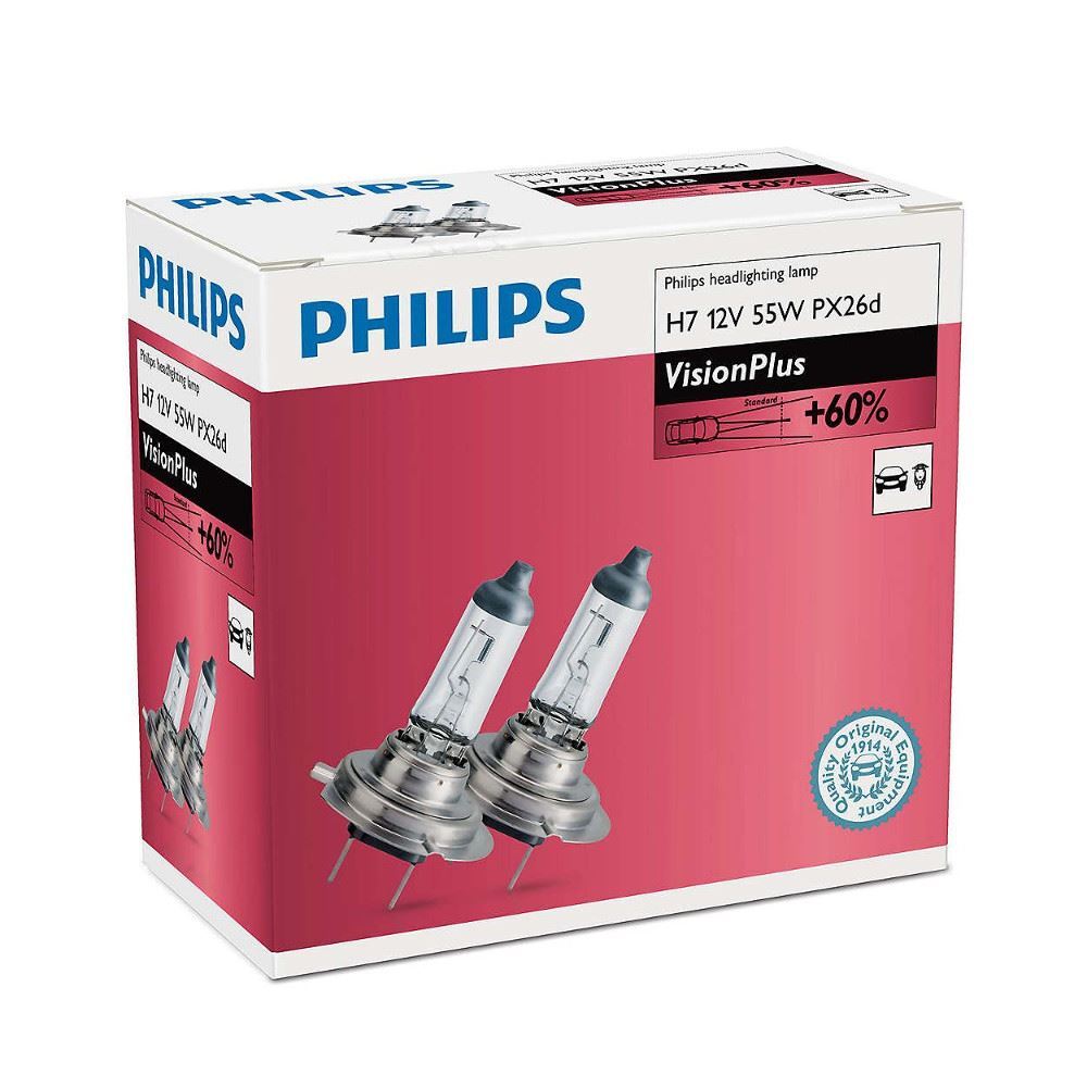 H7 Philips Vision Plus 55W 12V Lampadine Fari Alogeni 12972VPC2 Set